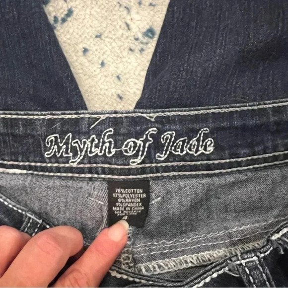 Myth of Jade Dark Wash Boot Cut straight leg white stitching pocket detail 28 - Picture 4 of 7